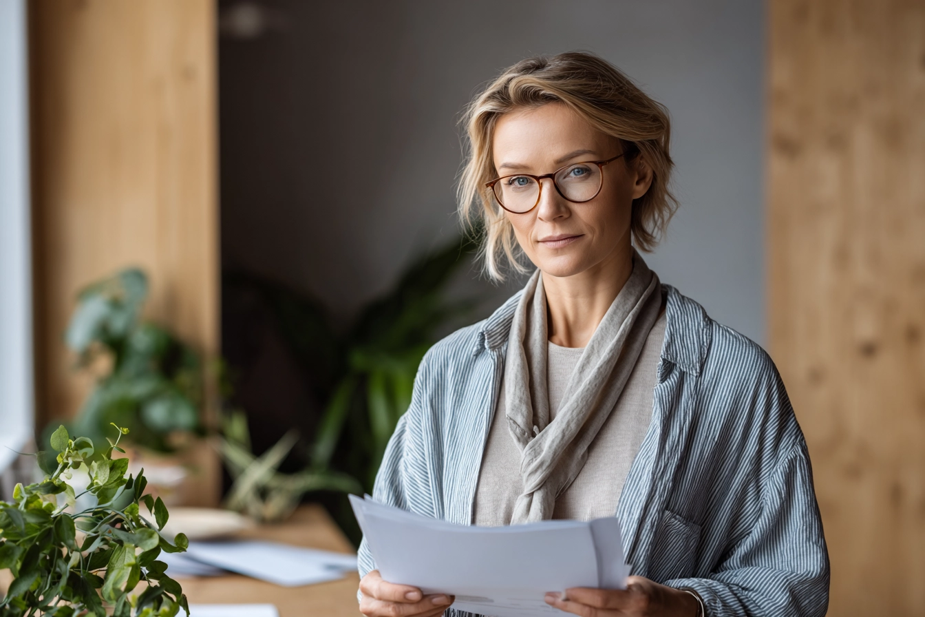 Kuva naisesta, joka pitelee käsissään laatukäsikirjaa